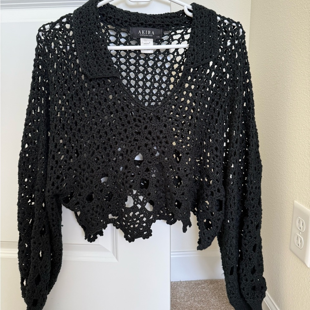 AKIRA Black V-Neck Crochet Sweater